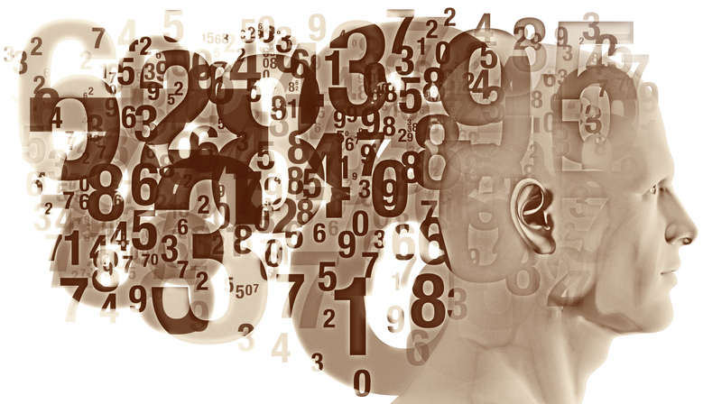 A figure side silhouette overlaid with coloured, various sized overlapping semi-transparent numbers ranging from “0” to “9”.